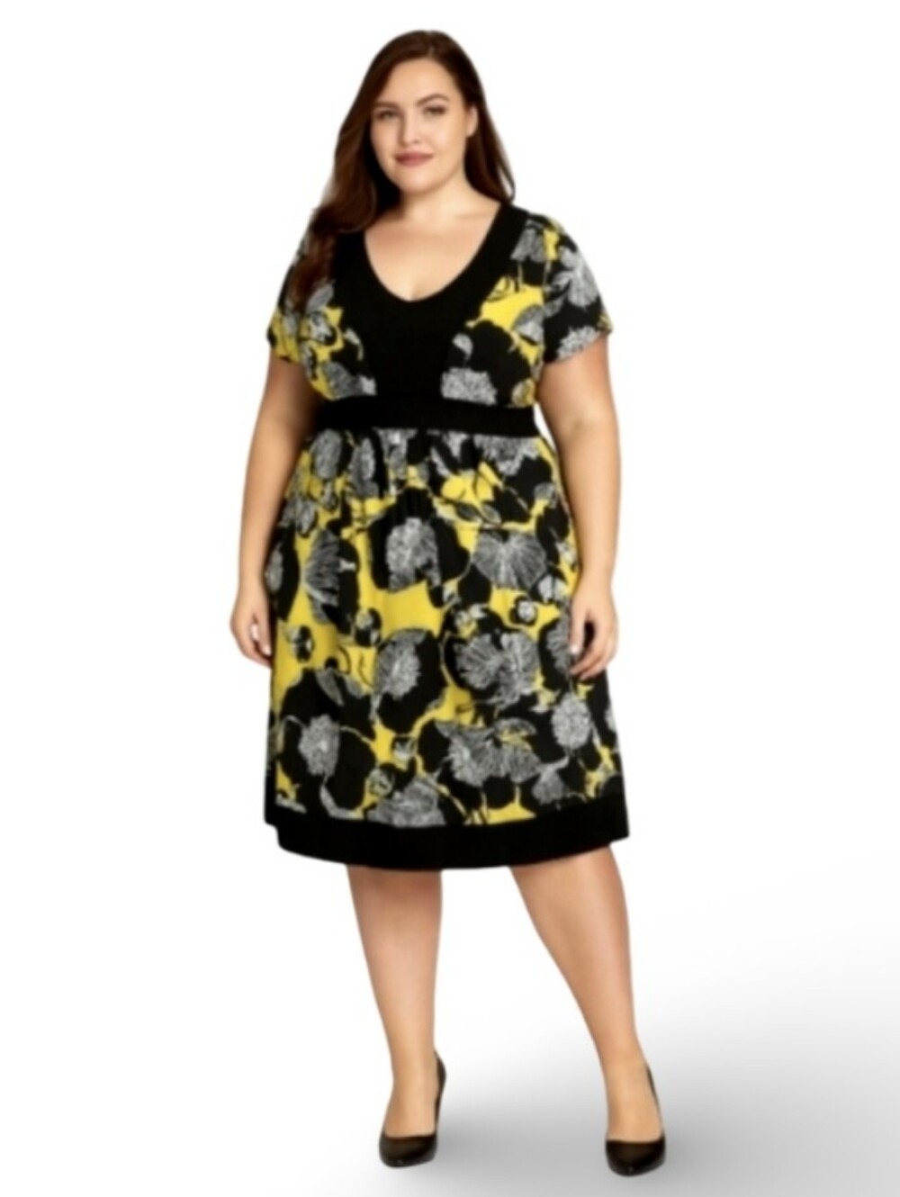 Donna Morgan Yellow Black Floral Empire Waist‎ V-Neck Knee Length Dress Size 12